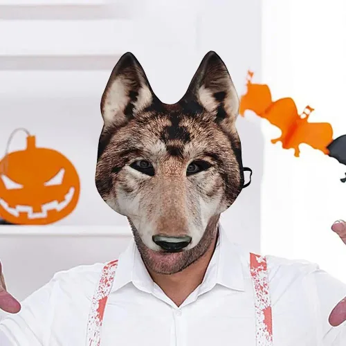 Vista 2 de 1 máscara de lobo para Halloween, media cara, máscara de lobo para Halloween, Navidad, carnaval, cosplay, accesorios de disfraz Marrón