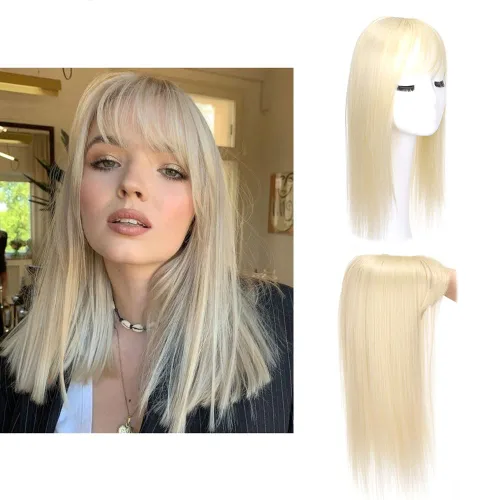 Vista 2 de Yudit Peluca de cabello humano sintético de 14 pulgadas con clip para mujer, rubio claro Dorado claro