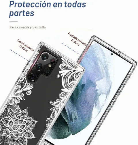 Vista 2 de Funda para Galaxy S22 Ultra 5G SM-S908U con protector de pantalla de vidrio templado, bonito patrón de mandala transparente, funda protectora