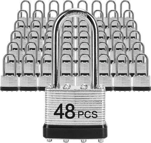 Vista 8 de Candados con la misma llave, LQYN 24 candados laminados con llave (1-9/16 pulgadas, 1.575 in), cerraduras con llave igual, grillete largo