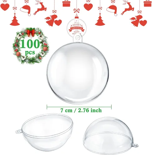 Vista 4 de Liliful 100 bolas de plástico transparente de Navidad de 2.76 pulgadas/2.756 in, rellenables, esferas de Navidad colgantes con 100 lazos, 2 cintas