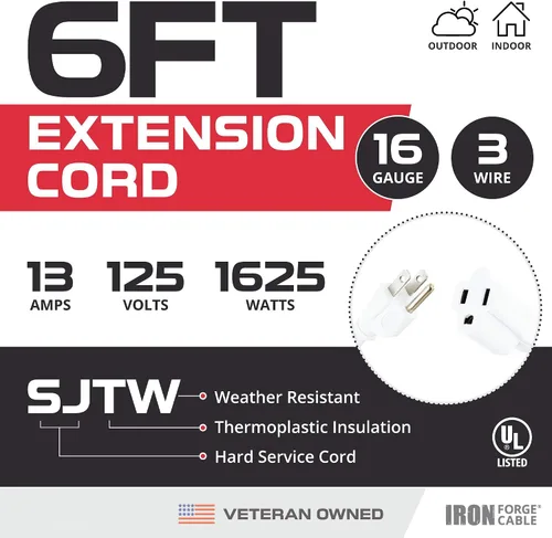 Vista 2 de Iron Forge Cable Cable de extensión resistente a la intemperie de 6 pies para exteriores, cable de extensión SJTW 16/3 blanco resistente, 3 puntas