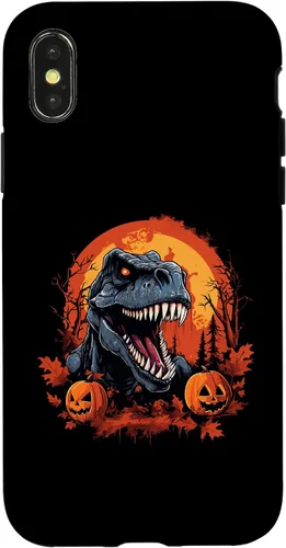 Vista 4 de Carcasa espeluznante de Halloween para iPhone 14, diseño de dinosaurio T Rex calabaza