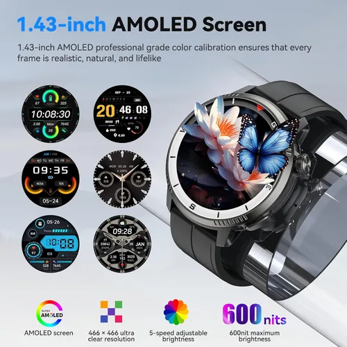 Vista 4 de Reloj inteligente para hombres, reloj inteligente con GPS, rastreador de actividad física con monitor de frecuencia cardíaca/sueño, podómetro