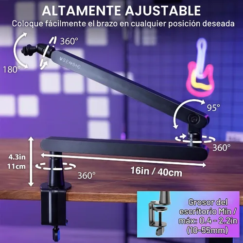 Vista 6 de Sensic SA-30 LP Brazo de micrófono de perfil bajo, soporte de micrófono giratorio de 360°, brazo de micrófono de perfil bajo para transmisión