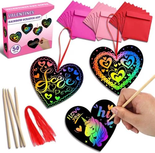 Vista 7 de MDCGFOD Paquete de 36 regalos para el día de San Valentín para niños, cuna de corazón para arañar arco iris, manualidades de San Valentín