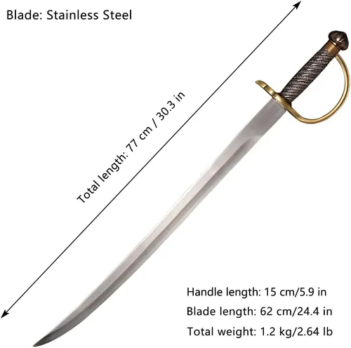 Vista 2 de Espada de metal de acero inoxidable de 31.1 pulgadas con protector de canasta, mango de latón para cosplay, colección, regalo