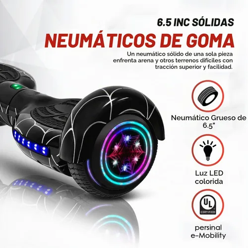 Vista 3 de Hoverboard con patrón de araña para niños de 6 a 12 años, con altavoz Bluetooth y luces LED, tabla deslizante de 6.5 pulgadas, certificado