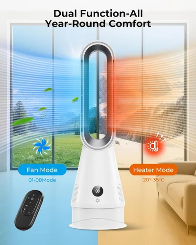 Vista 3 de Ventilador caliente y frío 2 en 1 sin aspas, calentador de espacio silencioso de 1600 W con control remoto, 8 velocidades, oscilación de 80°