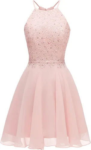 Vista 4 de Vestido halter de fiesta corto de encaje con cuentas y de espalda abierta para mujer, Blanco, 8