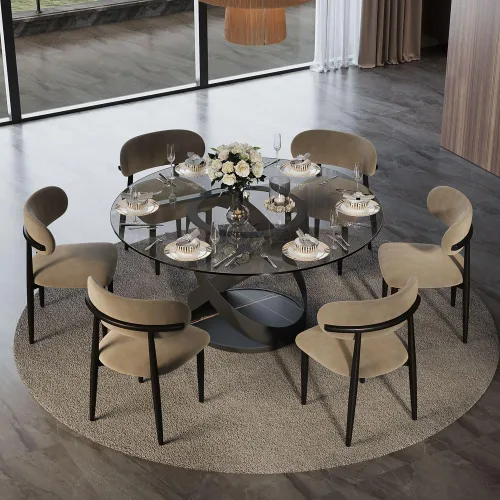 Vista 27 de POVISON Juego de 4 sillas de comedor redondas de lino y algodón con mesa de comedor de vidrio (mesa de comedor de 51 pulgadas + 4 sillas)