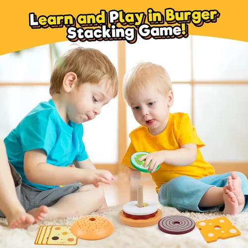 Vista 6 de Kizh Juguete apilable de madera para clasificar hamburguesas para niños pequeños, juguetes educativos Montessori de motricidad fina para niños