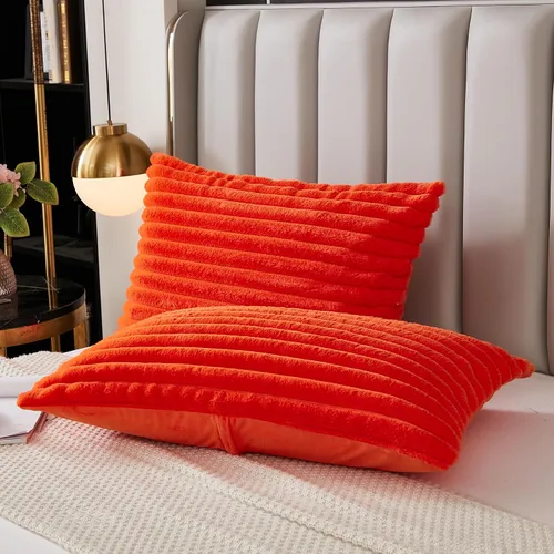 Vista 8 de Juego de 2 fundas de almohada para cama tamaño king, fundas de cojín rectangulares lumbares con diseño de rayas, forro de piel de conejo sintética
