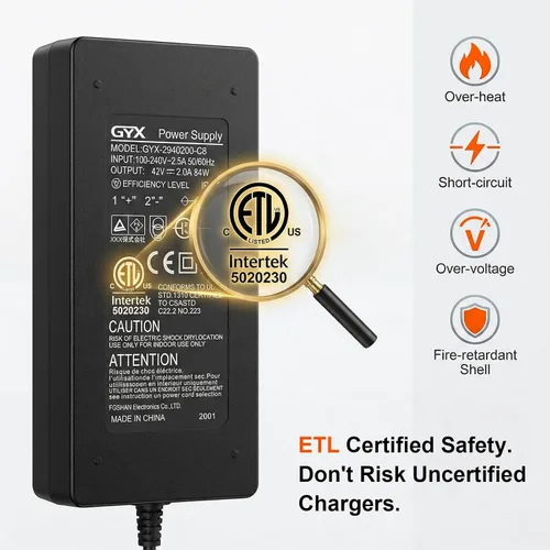 Vista 2 de Cargador de batería de litio de 36 V, certificado ETL de 42 V 2 A para scooter eléctrico, Hoverboard Ebike, compatible con Gotrax, Jetson, Ninebot