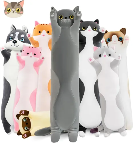 Vista 7 de Almohada larga de felpa de gato, 19.6 pulgadas - Adorable peluche de gato negro - Animales de peluche suaves - Almohada tipo cuerpo de gatito