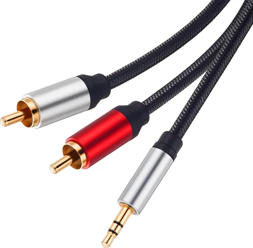 Vista 2 de Cable RCA de 3 pies, 0.138 in macho a 2RCA macho, cable adaptador de audio estéreo de nailon trenzado, cable AUX RCA Y para teléfonos inteligentes