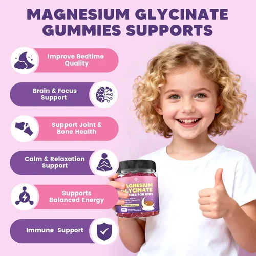 Vista 4 de Gomitas de magnesio para niños, gomitas de glicinato de magnesio 400 mg/200 mg con L-teanina, manzanilla, vitamina B6, D3 para niños, relajación