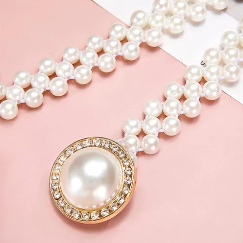 Vista 6 de Dubulle Cinturón de perlas de mujer Cadena de cintura blanca elástica para Blanco crema