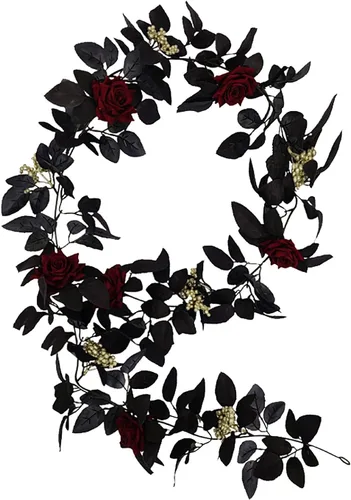Vista 8 de Guirnalda artificial de seda negra de 5.9 pies para Halloween, flores artificiales de seda con hojas, flores decorativas artificiales para colgar