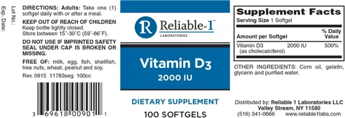 Vista 2 de Reliable 1 Laboratories Vitamina D3 2000 Iu Softgels, 100