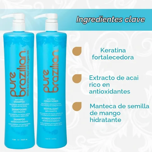 Vista 3 de Pure Brazilian Champú y acondicionador diario antiencrespamiento, sin sal y seguro para el color, enriquecido con queratina, aceite de argán y acai