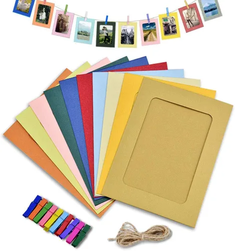 Vista 8 de Enenes Paquete de 30 marcos de fotos de papel kraft de 4 x 6 pulgadas, marcos de fotos de papel de 10 colores con clips de madera y cordel de yute