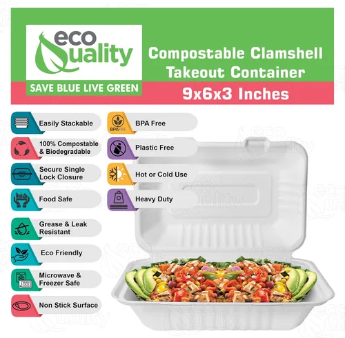 Vista 2 de Recipientes de alimentos rectangulares compostables con bisagras para llevar 9x6x3,Contenedores desechables para llevar, contenedores desechables