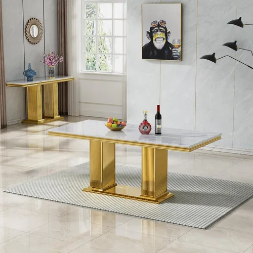 Vista 6 de Mesa de comedor de mármol blanco de 70 pulgadas para 4 a 6, moderna mesa de cocina rectangular de mármol sintético con base de doble columna