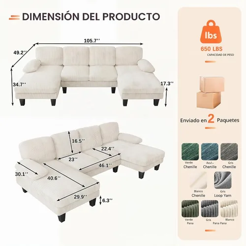 Vista 2 de JUMMICO Sofás Seccionales para Sala de Estar, Sofá en Forma de U con Tela de Chenilla, Sofá Moderno de 4 Asientos con Almohadas Removibles