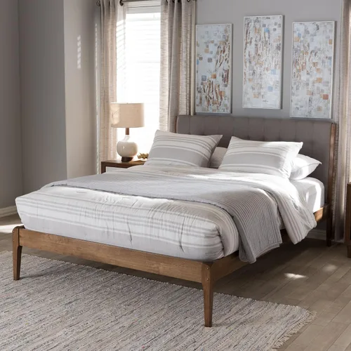 Vista 2 de Baxton Studio Denise Mid-Century - Cama con plataforma de madera, tamaño Queen, gris claro/marrón nogal medio
