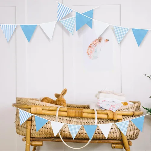 Vista 8 de GCQQ Banderines azules y blancos de 39 pies para decoración de fiesta, 42 banderines grandes a rayas, guirnalda de triángulo de algodón para baby