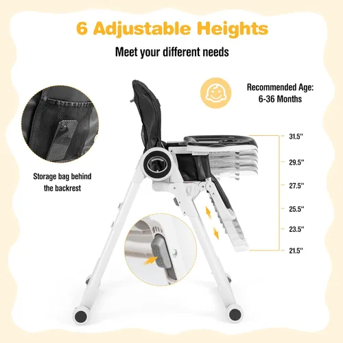 Vista 2 de BABY JOY Silla alta para bebés y niños pequeños, silla alta plegable con respaldo/reposapiés/altura del asiento, bandejas extraíbles dobles, cojín