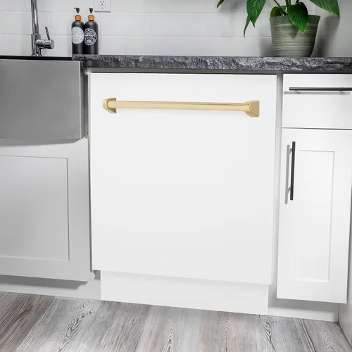 Vista 6 de ZLINE Autograph Edition - Lavavajillas de bañera alta con control superior de 24 pulgadas, color blanco mate con mango dorado, 51dBa (DWVZ-WM-24-G)