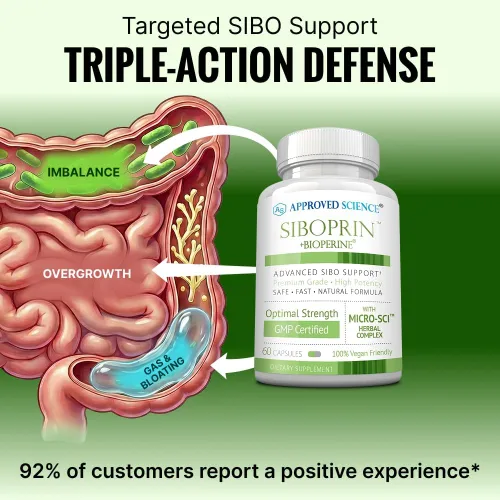 Vista 2 de Approved Science Siboprin - 60 cápsulas - Apoya el equilibrio intestinal, alivia la irritación intestinal, ayuda con calambres e hinchazón - Ácido