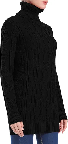 Vista 4 de PrettyGuide - Suéter largo de cuello alto de punto trenzado para mujer