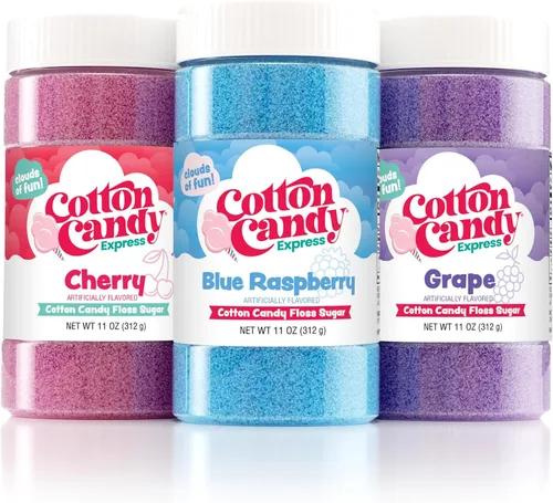 Vista 2 de Cotton Candy Express Paquete variado de azúcar de hilo dental con seis frascos de plástico de 11 onzas en total de cereza, frambuesa azul, uva