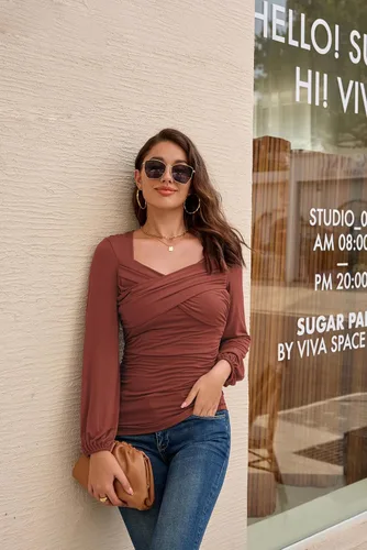 Vista 5 de GRACE KARIN Blusa fruncida elegante para mujer, cuello en V, manga larga, ajustada
