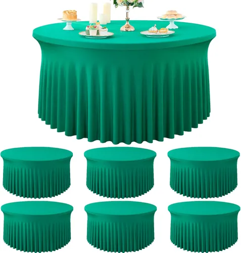 Vista 31 de Paquete de 6 manteles redondos de elastano azul bebé para mesa de 60 pulgadas, manteles elásticos de 120 pulgadas ajustables de 5 pies, manteles