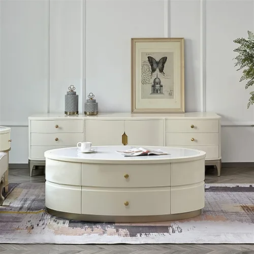 Vista 5 de Mesa de té para sala de estar, mesa de centro moderna con mesa única y base estable, mesa de sofá ovalada con 2 cajones grandes para sala de estar