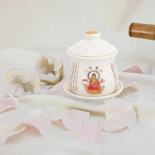 Vista 7 de OSALADI Taza de cerámica con platillo Budista Taza de agua bendita taza de culto de cáliz chino Utensilio bendición taza de té con tapa