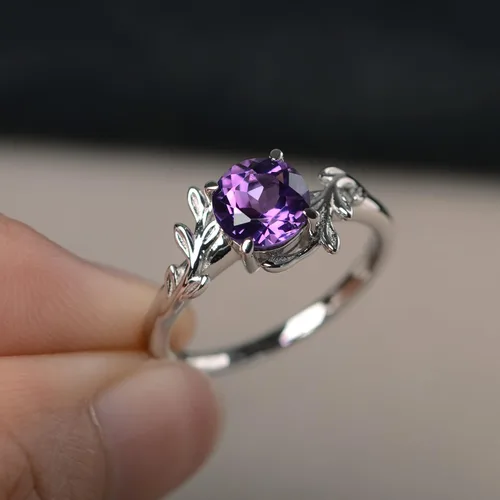 Vista 2 de Luo Anillos de Plata de Ley 925 de 7MM con Forma Redonda y Piedras Preciosas, Anillos de Compromiso con Diseño de Hoja, Anillos de Promesa