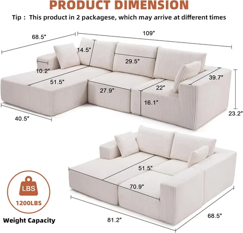 Vista 3 de Sofá seccional modular de 108", sofá seccional Cloud con asiento profundo, sofá modular moderno en forma de L con chaise, sofás tapizados sin Beige
