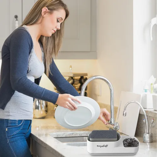 Vista 5 de Dispensador de jabón para platos para fregadero de cocina 2 en 1 con soporte para esponja. Dispensador de jabón líquido y esponja incluidos.