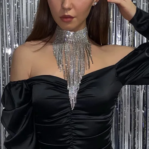 Vista 2 de Flyonce - Collar con diamantes de imitación para mujer, gargantilla con borla estilo pechera, joyería para fiesta formal