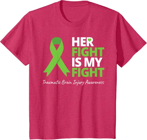 Vista 26 de Camiseta con cinta verde de la conciencia de la TBI, con texto en inglés "Her Fight Is My Fight" Jaspeado Oscuro