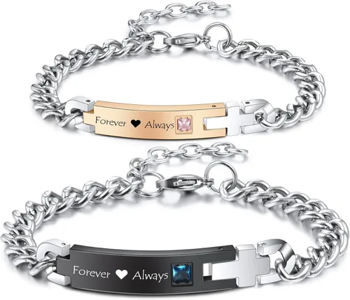 Vista 9 de MeMeDIY Juego de pulseras personalizadas para parejas, grabado personalizado con nombre/fecha para hombres, mujeres, novio, novia, acero inoxidable