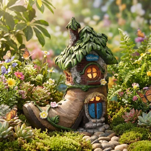 Vista 3 de TERESA'S COLLECTIONS Boot Fairy House - Estatua de jardín de resina con luz