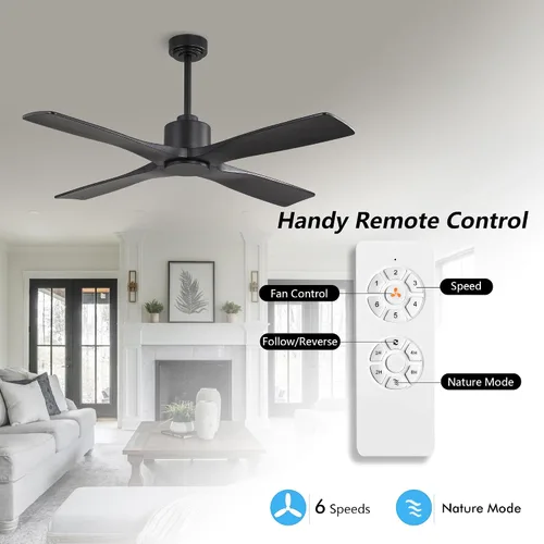 Vista 2 de WINGBO - Ventilador de techo DC de 48" sin luces, 4 aspas de madera maciza talladas, motor DC reversible silencioso de 6 velocidades, ventilador
