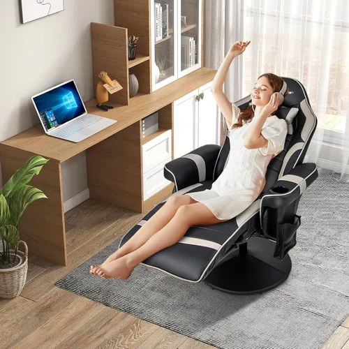 Vista 2 de Goplus - Silla gamer con masaje, altura ajustable, para videojuegos, con reposapiés retráctil, soporte para tazas, reposacabezas, silla giratoria