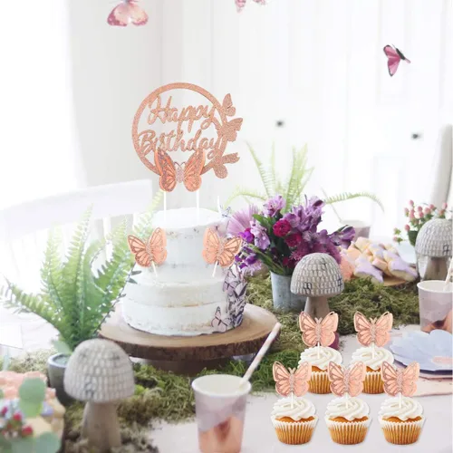 Vista 5 de Juego de decoraciones de mariposa de oro rosa, pancarta de feliz cumpleaños, decoración de pastel, calcomanías de pared 3D para suministros